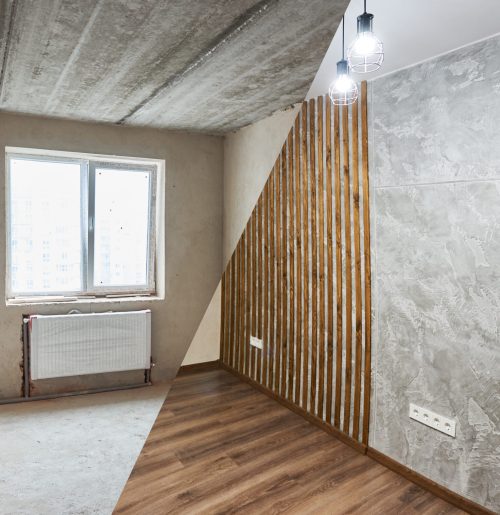 Empty apartment with modern plastic window and heating radiators before and after renovation. Comparison of old room and new renovated place with parquet and chandeliers. Concept of home restoration.